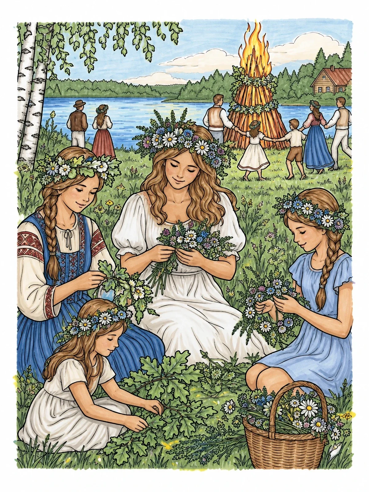 Colored example of the Midsummer Crown Weaving Celebration coloring page