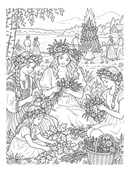 Girls weave meadow flower wreaths in this latvia coloring page featuring a bonfire celebration.