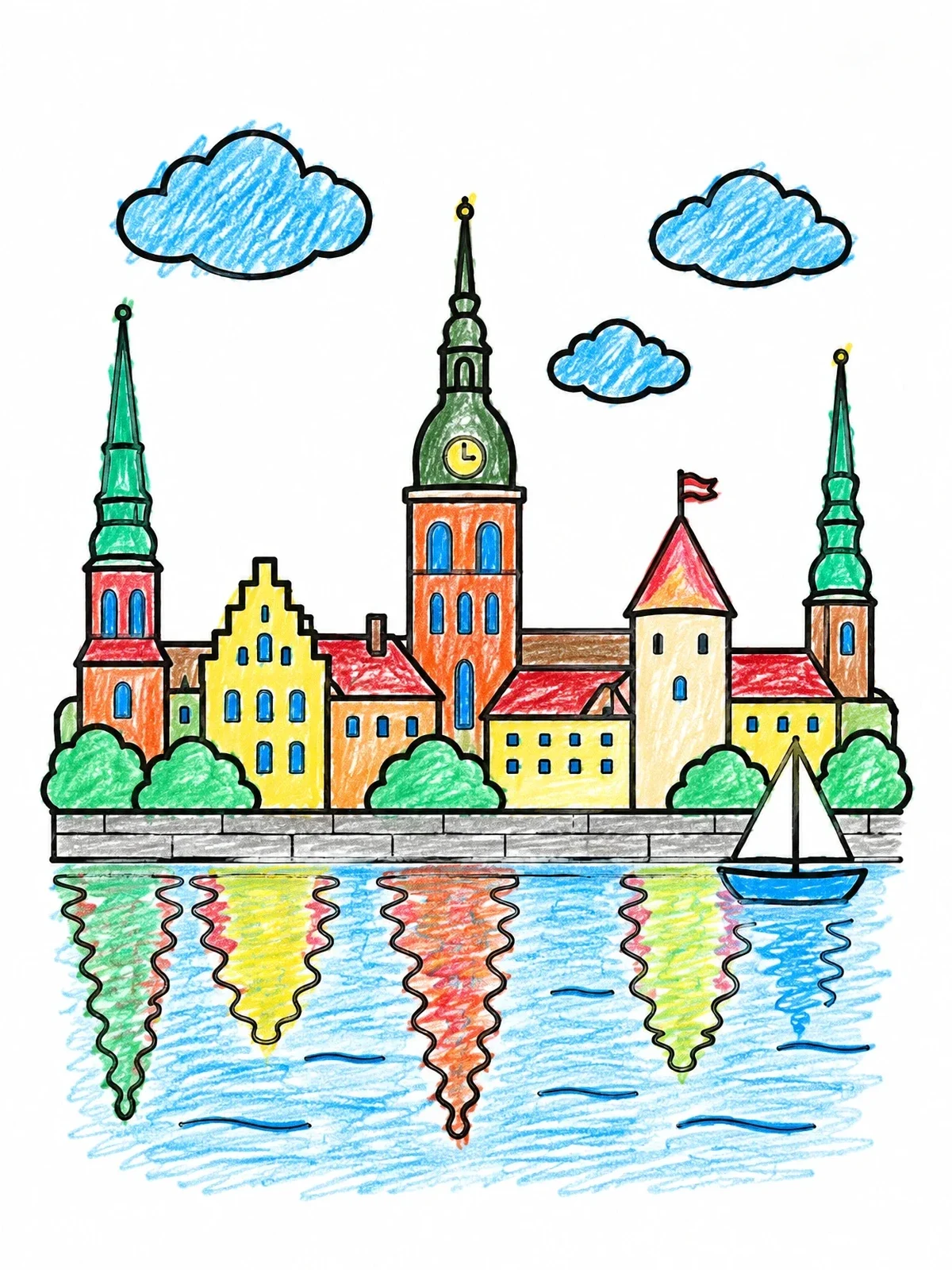 Colored example of the Old Riga Waterfront Skyline coloring page