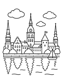 Free printable Old Riga Waterfront Skyline coloring page
