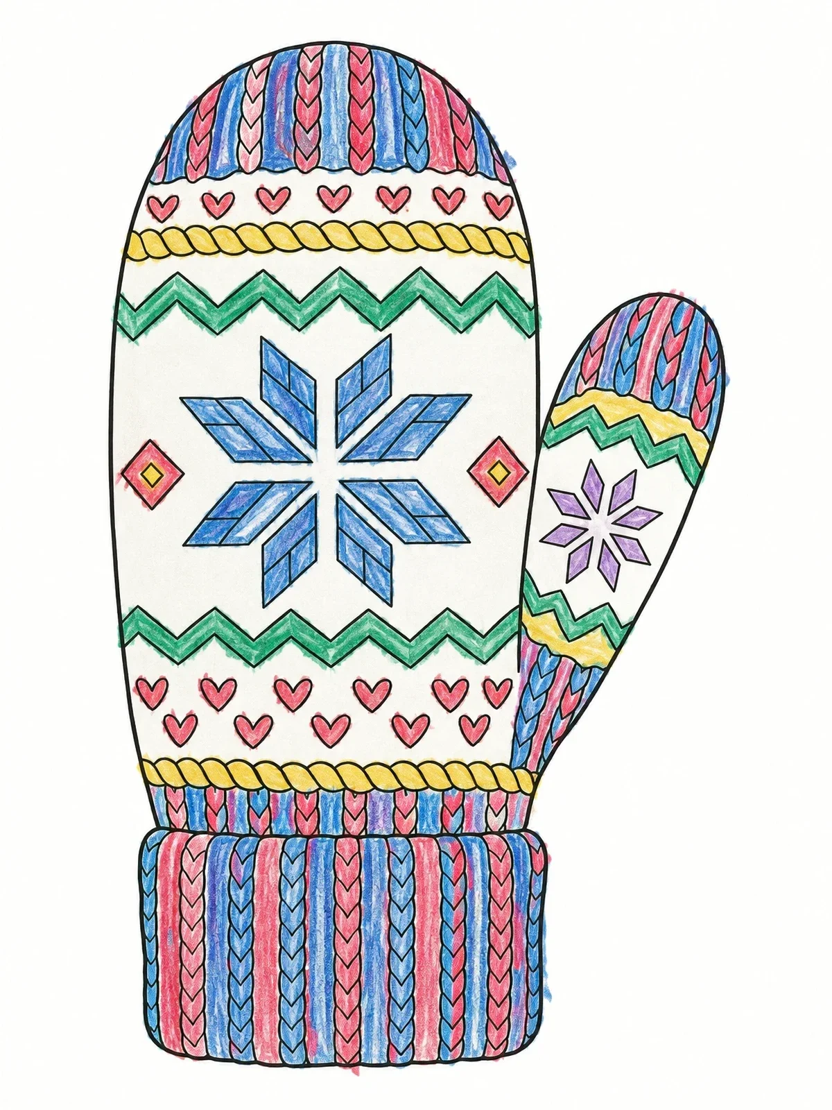 Colored example of the Traditional Patterned Knit Mitten coloring page