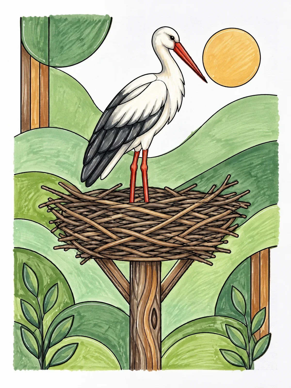 Colored example of the White Stork In Treetop Nest coloring page