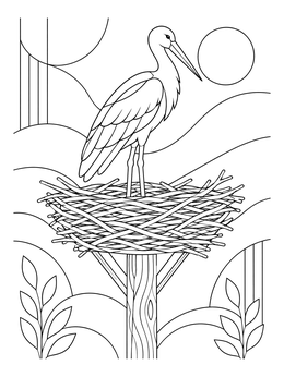 A graceful stork resting in its nest on this latvia coloring page.