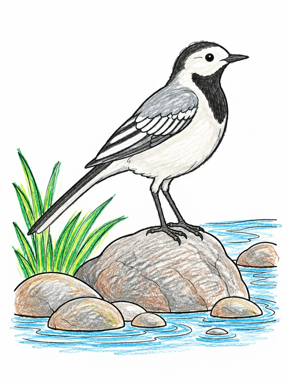 Colored example of the Latvian White Wagtail On River Stone coloring page