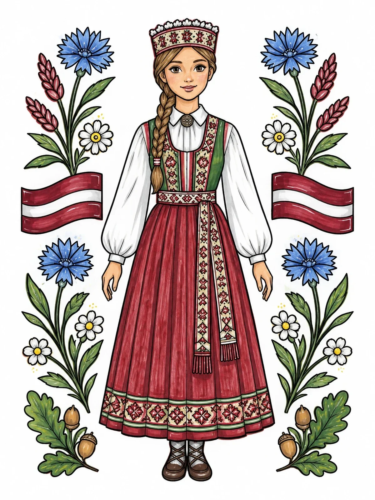 Colored example of the Latvian Folk Costume And Floral Patterns coloring page