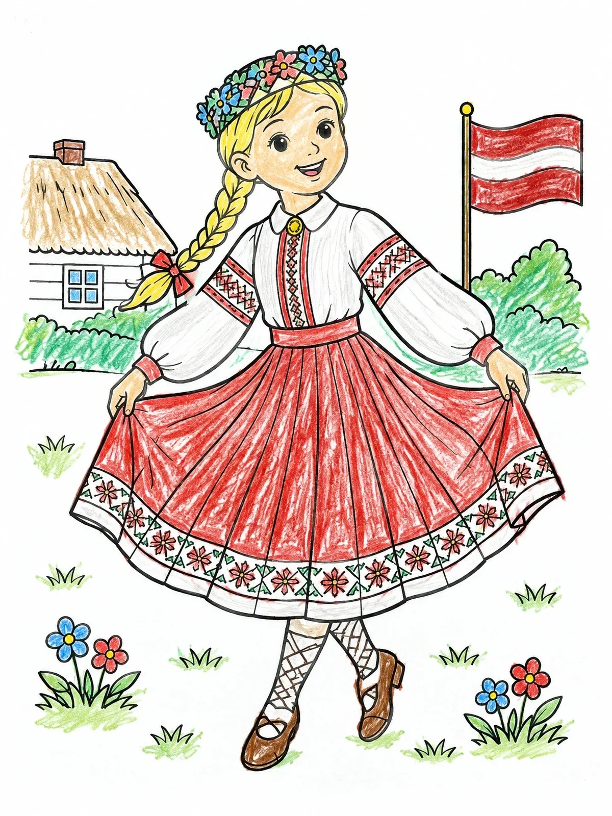 Colored example of the Latvian Folk Dancer In Traditional Costume coloring page