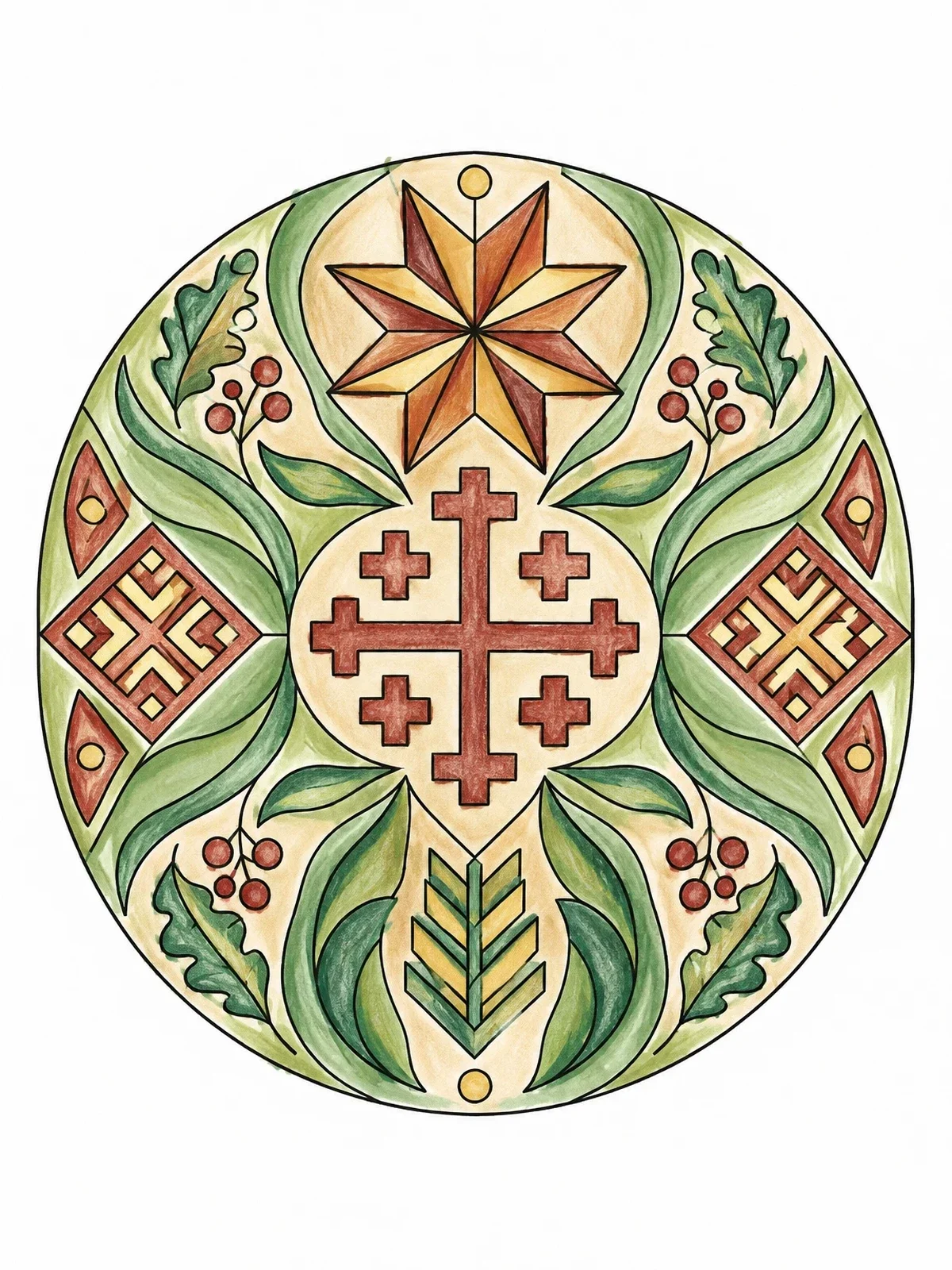 Colored example of the Latvian Folk Symbols Mandala coloring page