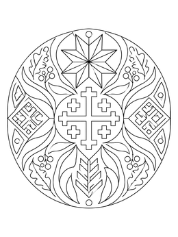 A circular latvia coloring page featuring traditional Latvian symbols, stars, and foliage.