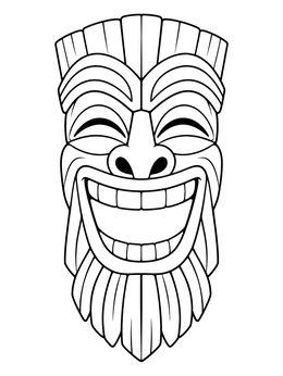 A cheerful carved wooden face on a tiki coloring page.
