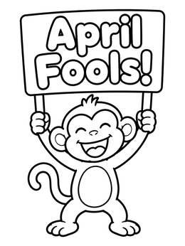 A laughing cartoon monkey holds a sign in this april fools coloring page.