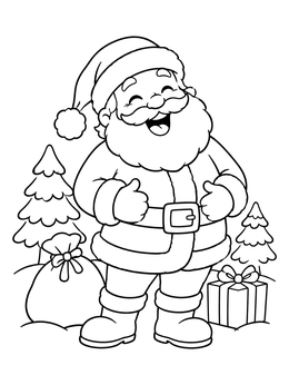 A cheerful santa coloring page showing jolly Santa Claus laughing outdoors with gifts.