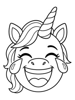 A laughing unicorn emoji coloring page with tears of joy and a spiral horn.