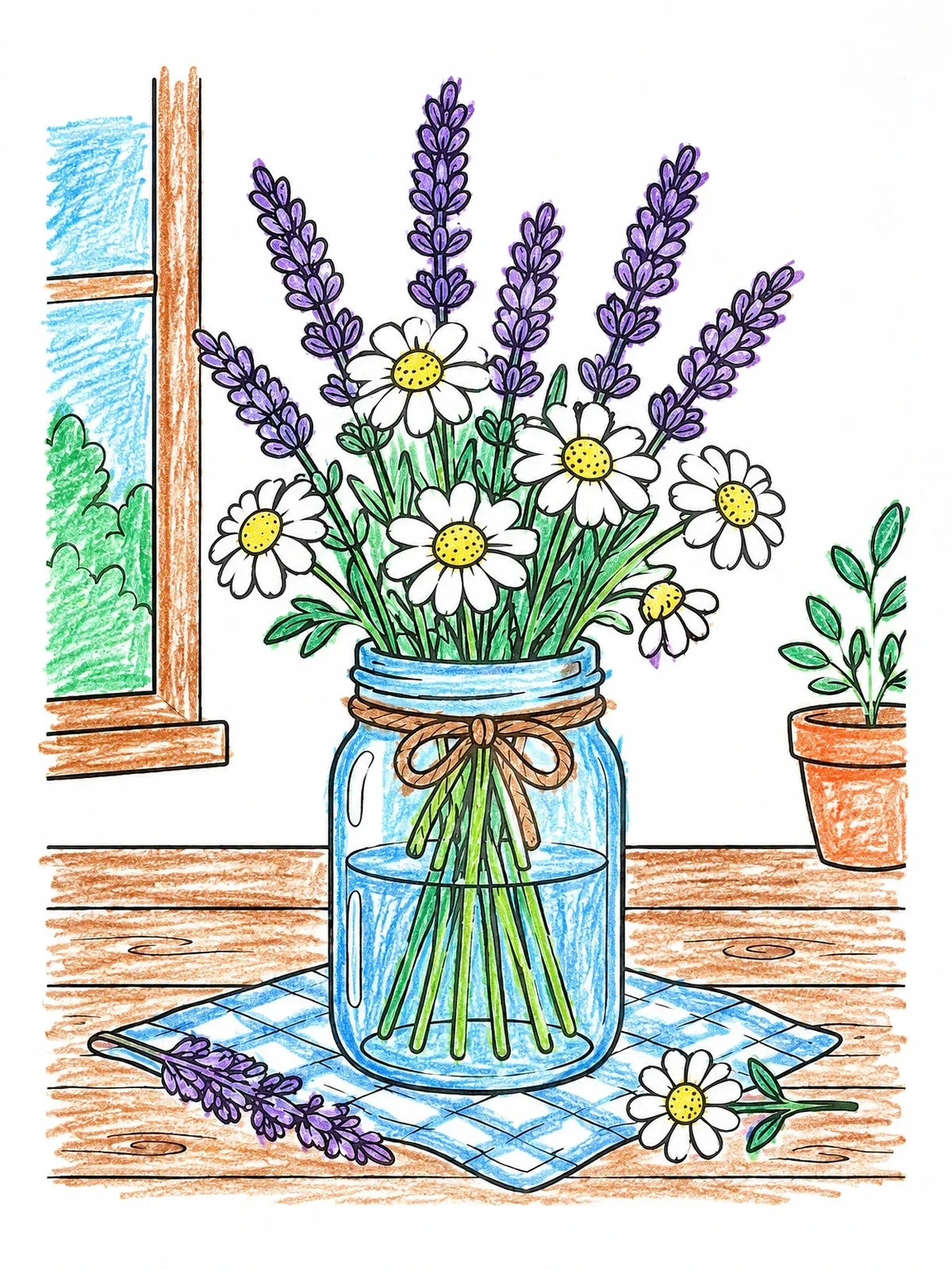 Colored example of the Lavender And Daisies In Mason Jar coloring page