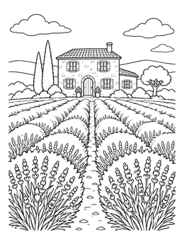 A rustic stone farmhouse beyond rows of blooms on this lavender coloring page.