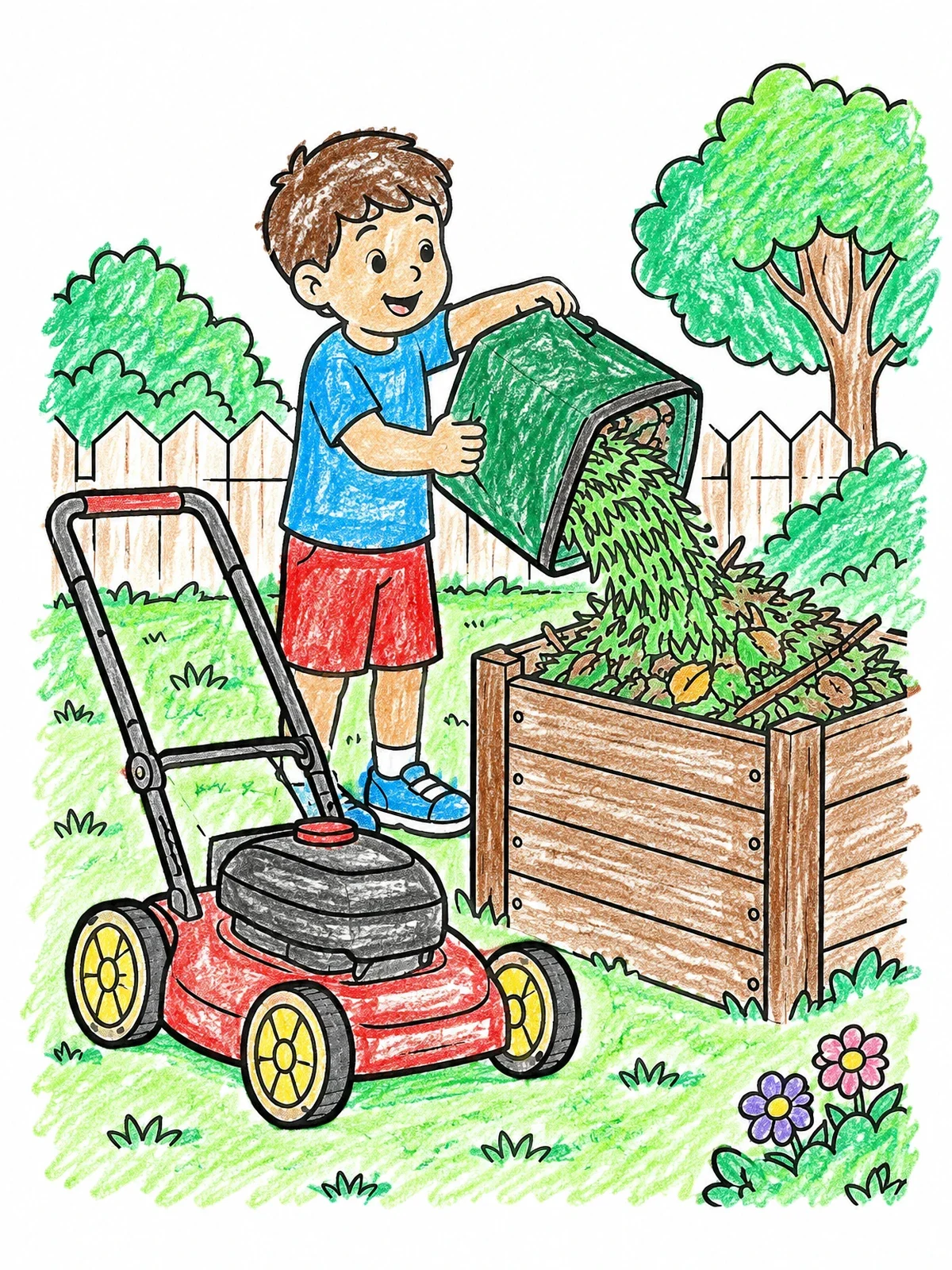 Colored example of the Boy Emptying Grass Into Compost coloring page