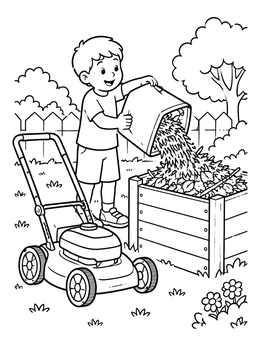 Free printable Boy Emptying Grass Into Compost coloring page