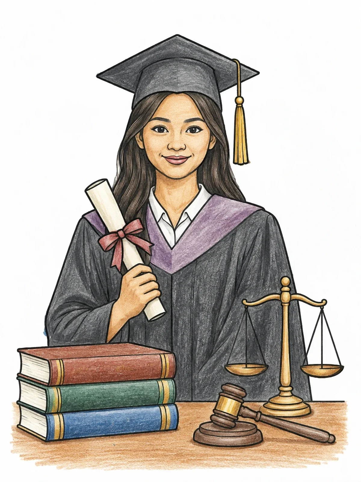 Colored example of the Law School Graduate With Diploma And Books coloring page