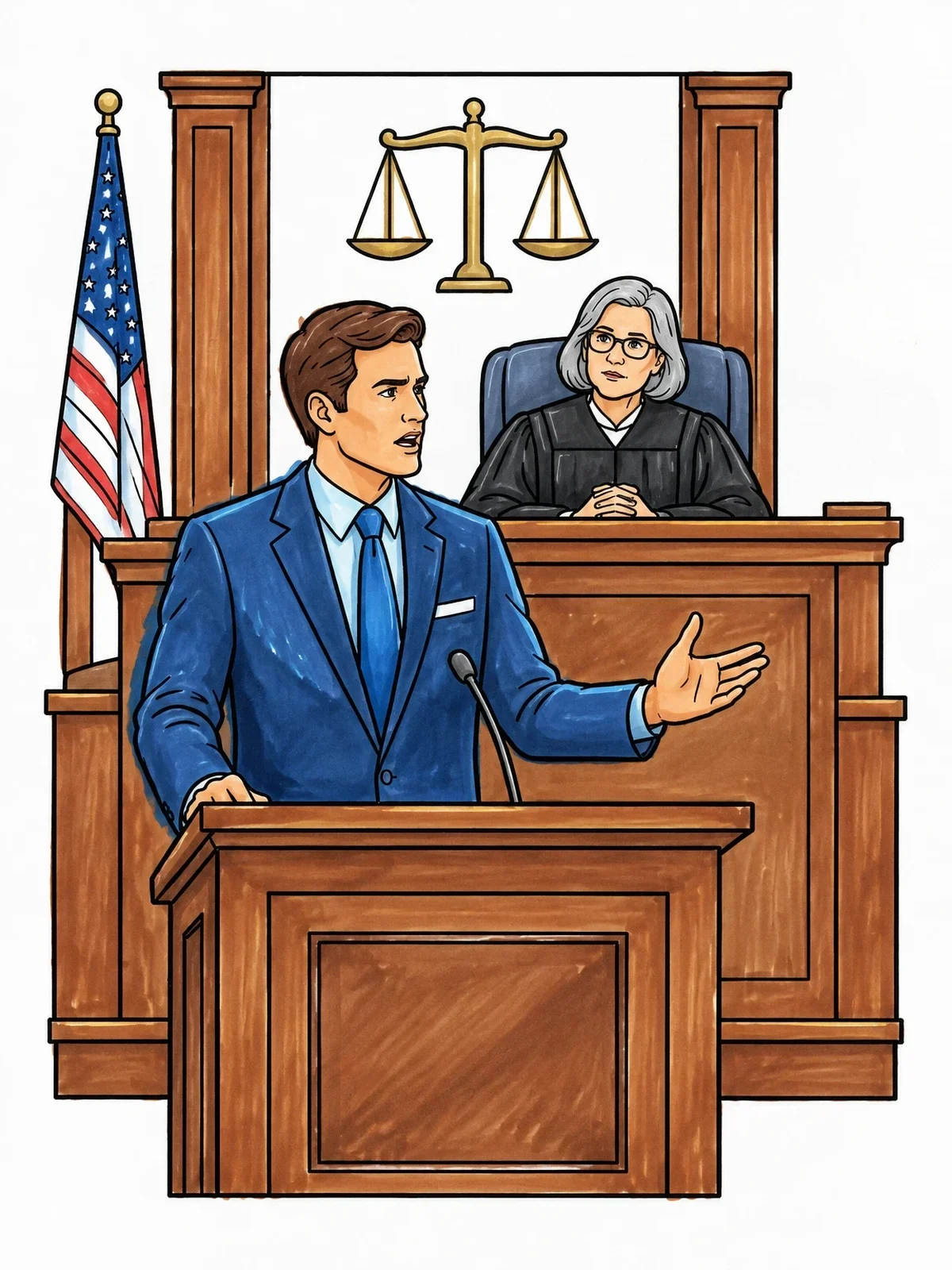 Colored example of the Lawyer Speaking At Courtroom Podium coloring page