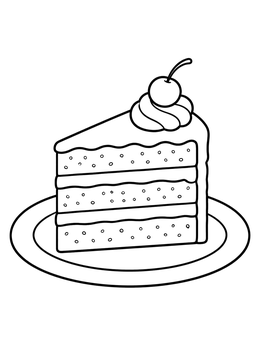A sweet cake coloring page showing a layered slice on a plate topped with whipped cream and a cherry.