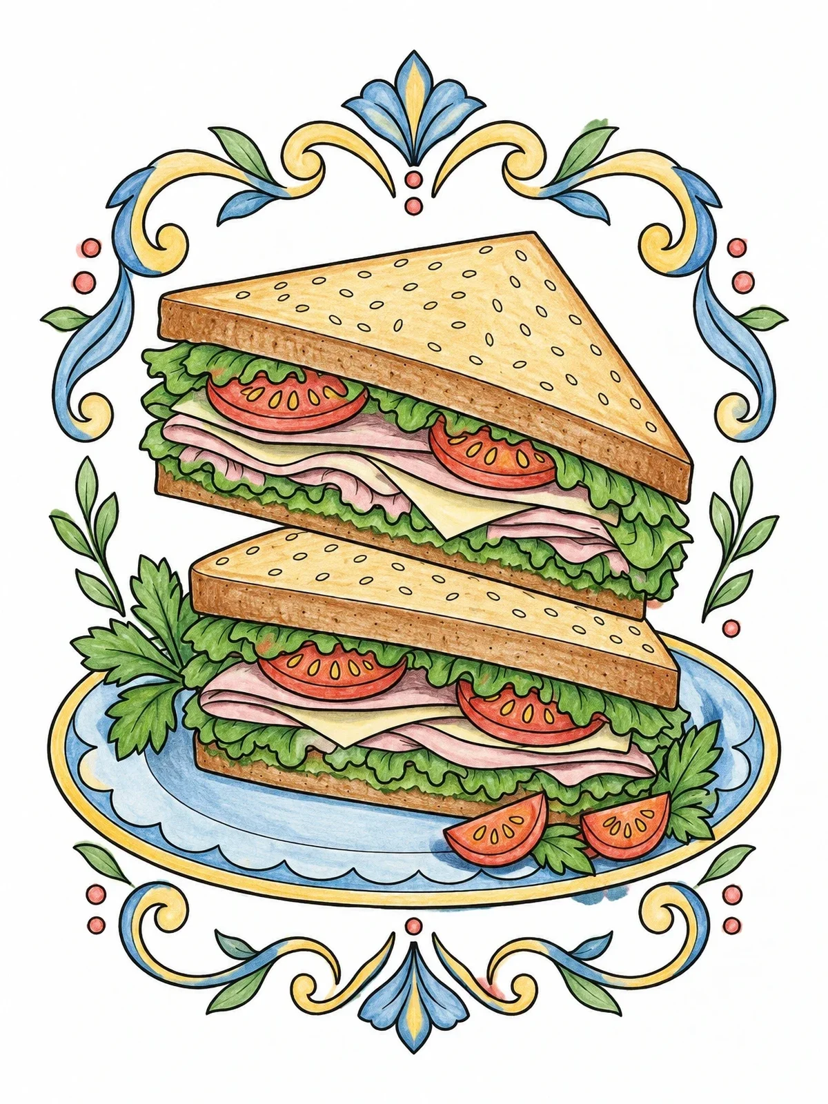 Colored example of the Layered Club Sandwich On A Platter coloring page