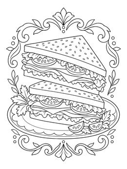 A detailed sandwich coloring page featuring stacked triangle halves and ornate floral borders.