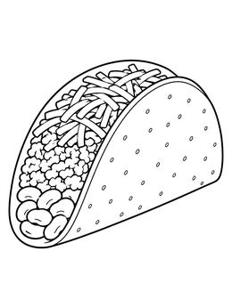 A crispy taco coloring page showing layers of beans, seasoned meat, and shredded cheese.