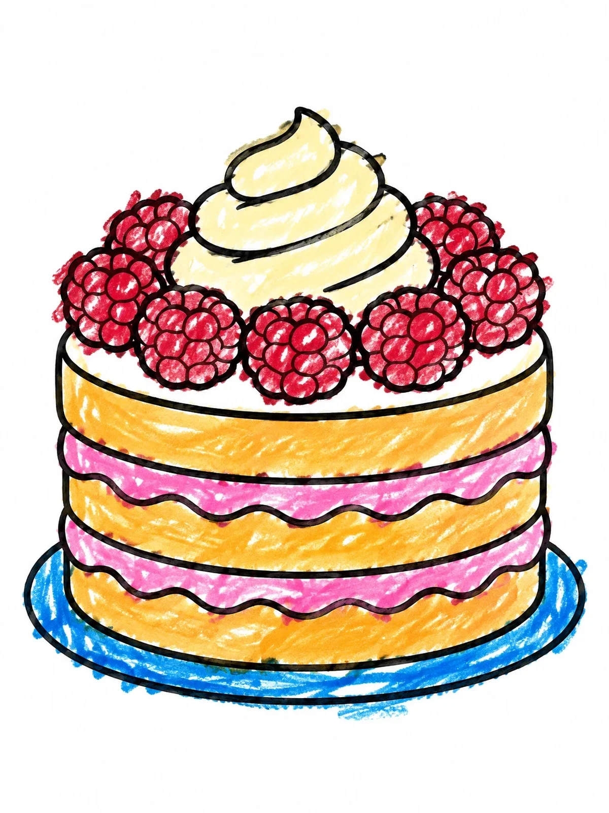 Colored example of the Layered Raspberry Cream Cake coloring page