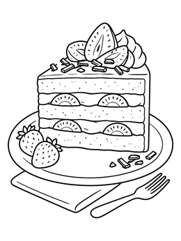 A delicious slice on this cake coloring page decorated with fresh fruit and cream.