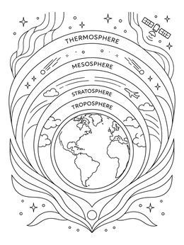 An earth science coloring page displaying atmospheric layers from troposphere to thermosphere above the globe.