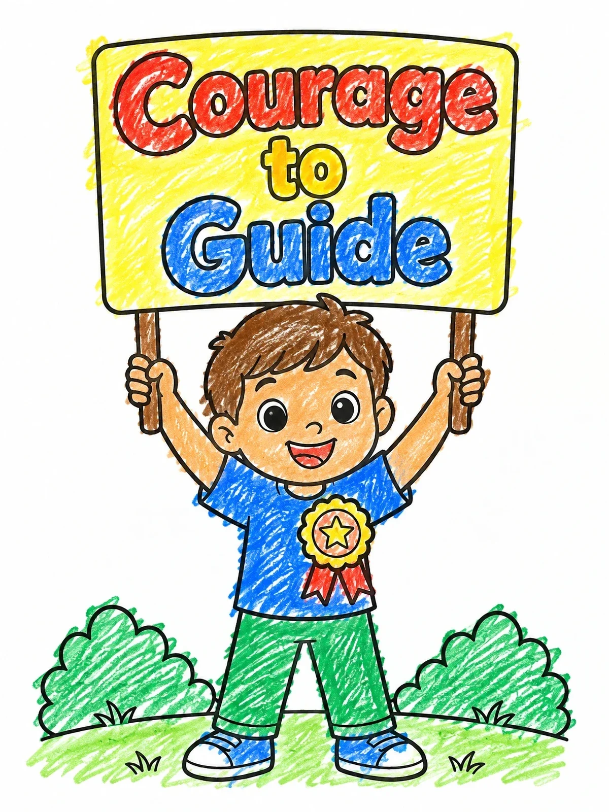 Colored example of the Boy Holding Courage To Guide Sign coloring page