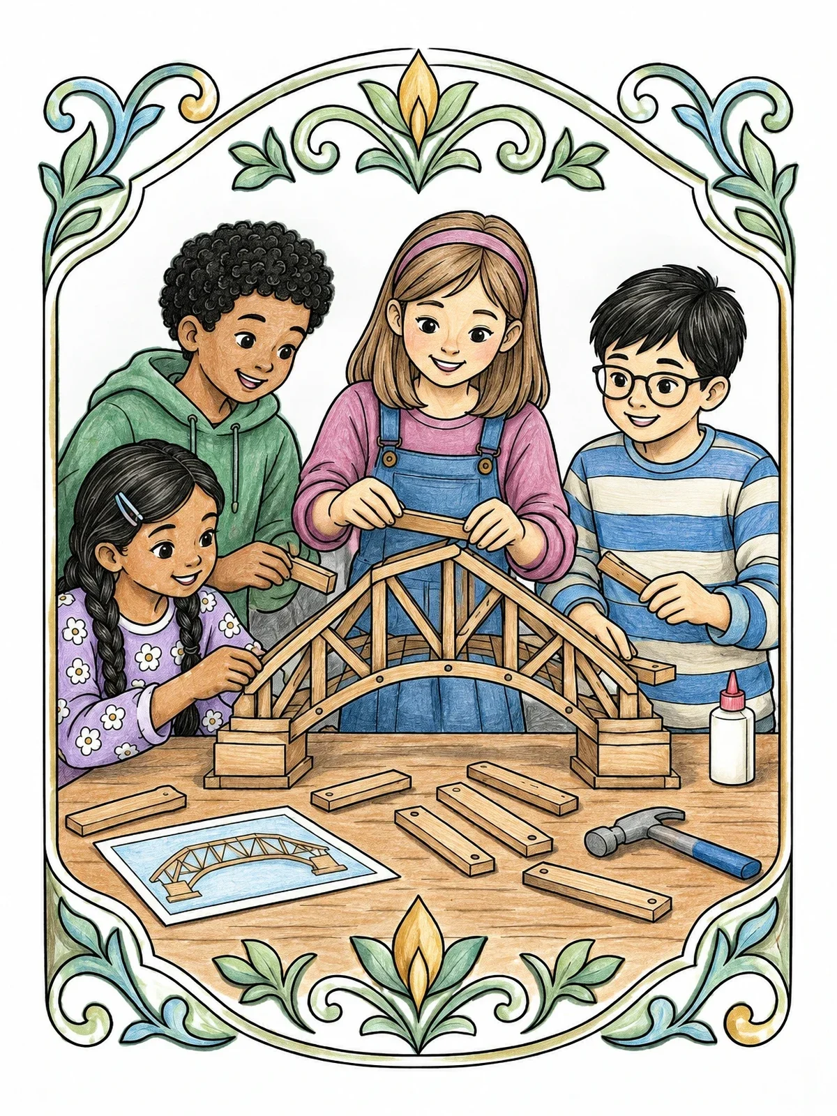 Colored example of the Children Building A Model Bridge Together coloring page