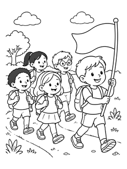 Free printable Young Boy Leading Friends On A Hike coloring page