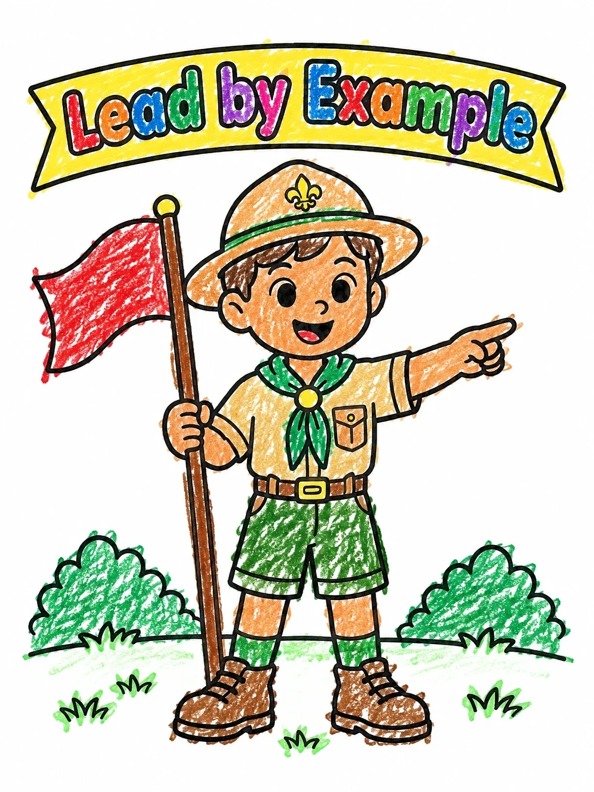 Colored example of the Scout Leader Guiding The Way coloring page