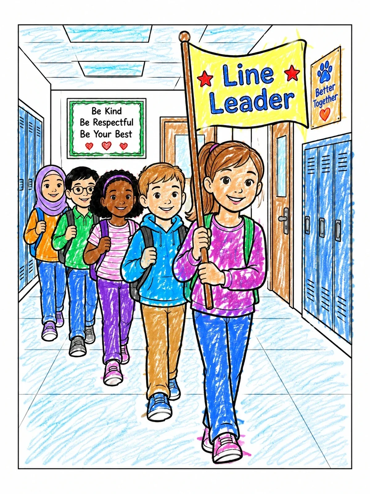 Colored example of the Student Line Leader In Hallway coloring page