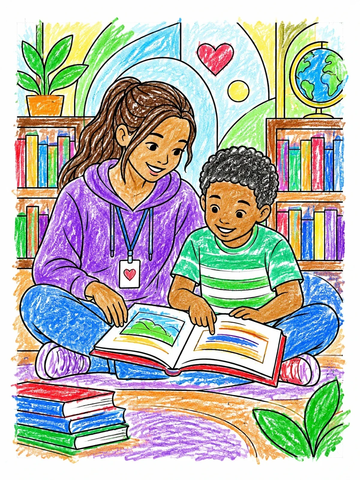 Colored example of the Student Mentor Reading With Child coloring page