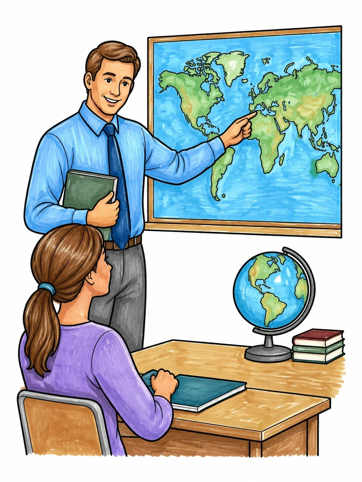 Colored example of the Teacher Guiding Student With World Map coloring page