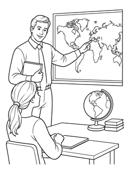 Free printable Teacher Guiding Student With World Map coloring page