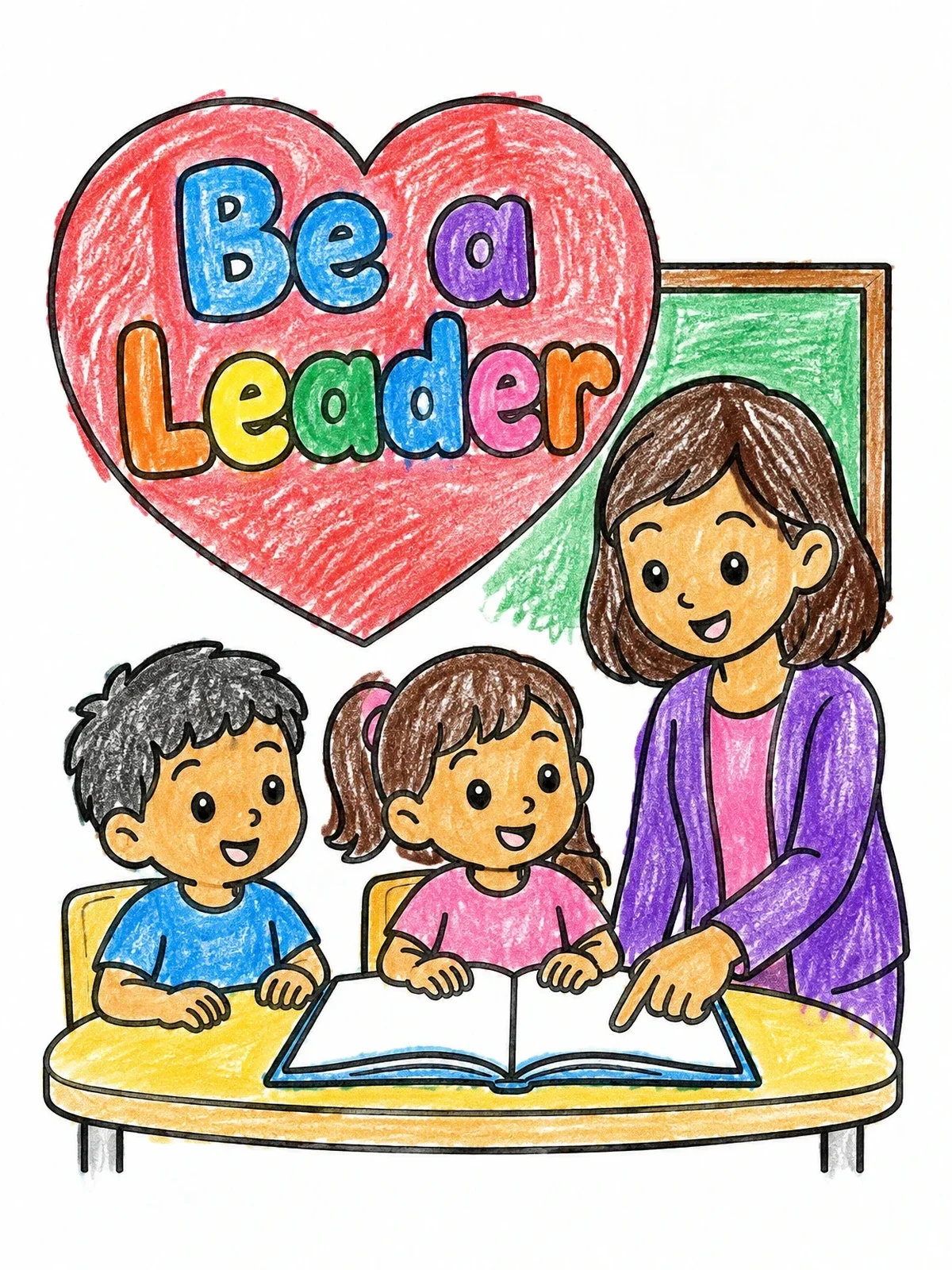 Colored example of the Teacher Guiding Students With Be A Leader Sign coloring page