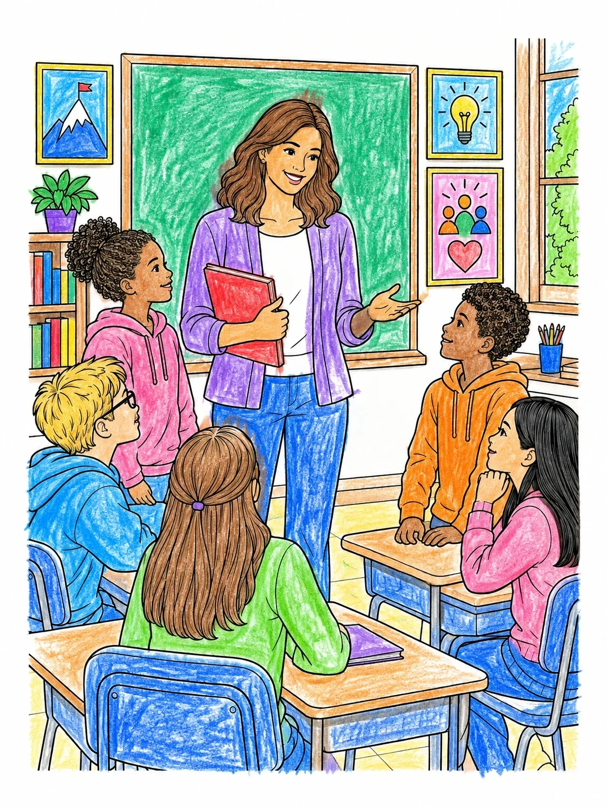 Colored example of the Teacher Leading Classroom Discussion coloring page