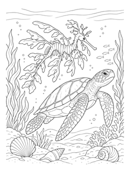 A leafy sea dragon coloring page featuring a sea turtle swimming over shells on the seabed.