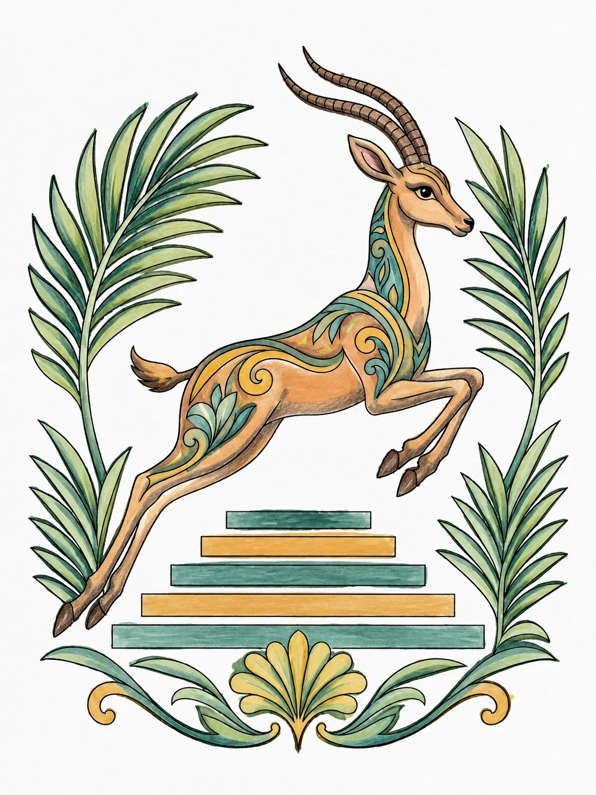 Colored example of the Leaping Art Deco Gazelle coloring page