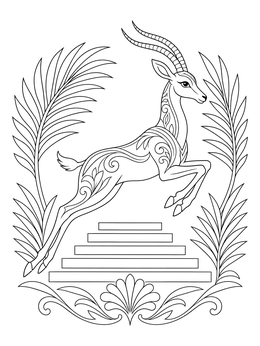 Graceful gazelle leaping over stepped pedestals in this art deco coloring page.