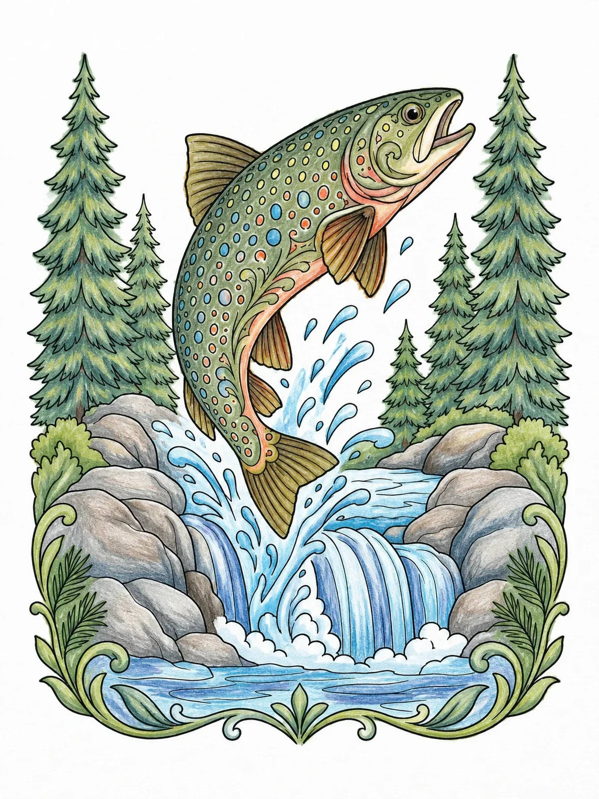 Colored example of the Leaping Brook Trout By Cascade coloring page