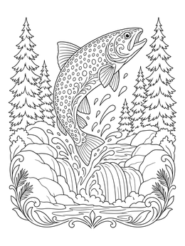 A detailed trout coloring page showing a fish leaping over a waterfall among pine trees.