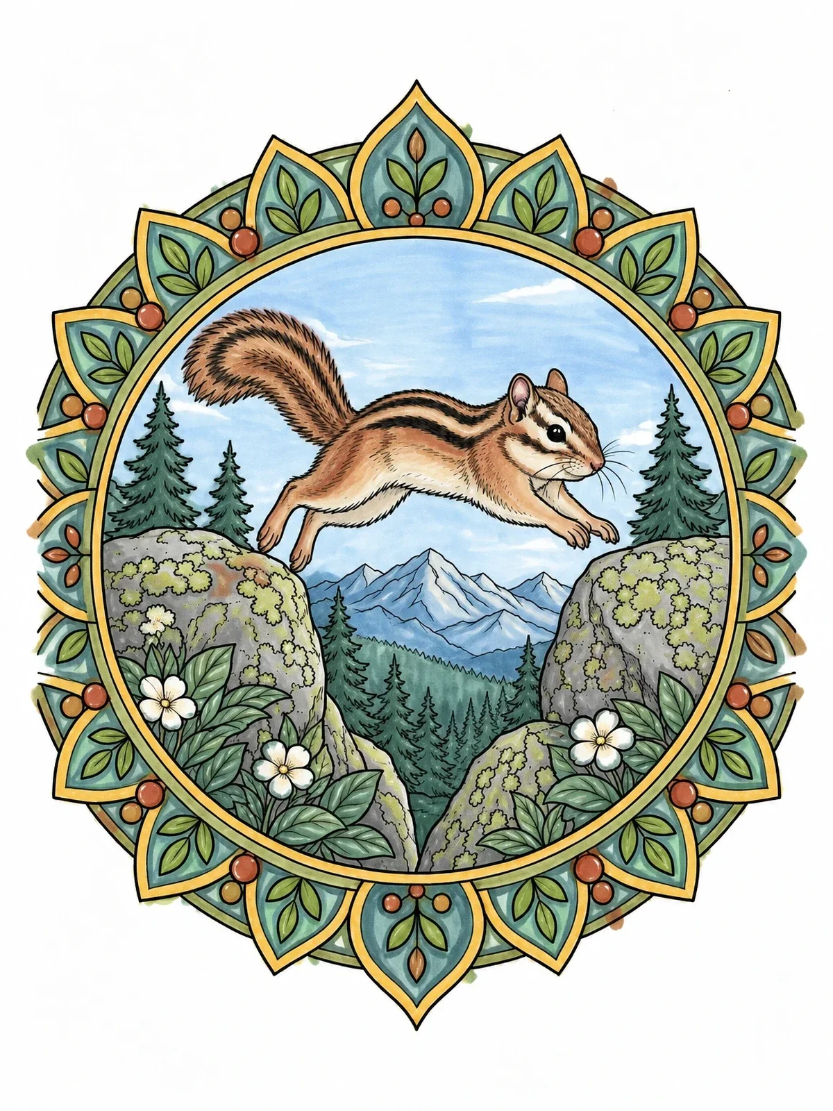 Colored example of the Leaping Chipmunk Mandala Forest Scene coloring page
