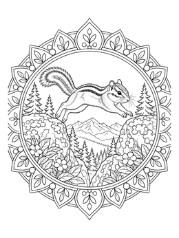 A detailed chipmunk coloring page featuring a squirrel leaping over rocks within an ornate mandala.