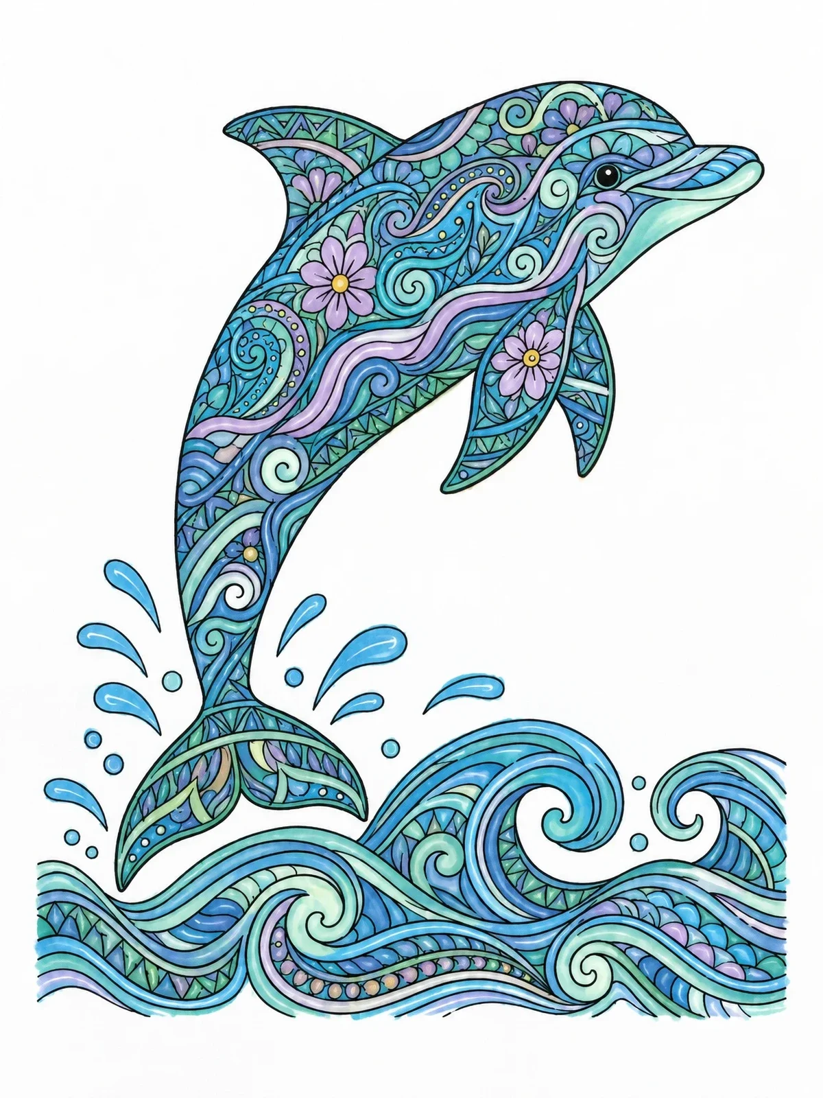 Colored example of the Leaping Dolphin Zentangle Pattern coloring page