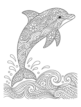 A leaping dolphin over swirling waves features on this zentangle coloring page.