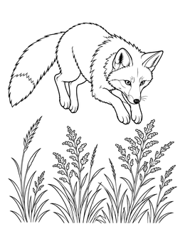 A dynamic fox coloring page showing a fox pouncing mid-air over wild grasses.