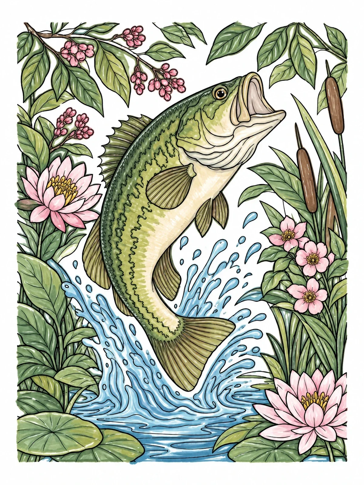 Colored example of the Leaping Largemouth Bass In Lake coloring page